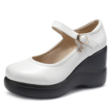 Round Head 8CM High-Slope And Waterproof Table Single Shoe Round Head Buckle Loose Cake Thick-Soled Mother Shoes Flat Bottom Shallow Women's Shoes HZ0115