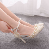 Large-Size High-Heeled Sandals With Beaded Bracelets With Water Drill Sandals White Real Wedding Shoes HZ0115