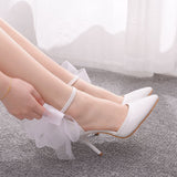 White Butterfly Flower Wedding Shoes One-Word Wristband Bridal Shoes Fine Heel Wedding Shoes Women Sandals Tip High Heels HZ0115