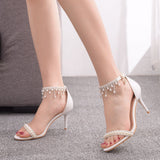 7 Cm Sexy Temperament Word With Shallow Mouth Fine High Heel Sandals White Fine Heel Beaded Sandals Size HZ0115