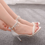 7 Cm Sexy Temperament Word With Shallow Mouth Fine High Heel Sandals White Fine Heel Beaded Sandals Size HZ0115
