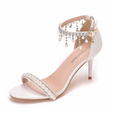 7 Cm Sexy Temperament Word With Shallow Mouth Fine High Heel Sandals White Fine Heel Beaded Sandals Size HZ0115