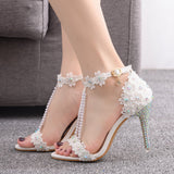 9 Cm Fine High Heel Beaded Sandals Lace Flowers Water Diamond Wedding Shoes Bride To Take Pictures High Heel With Sandals HZ0115