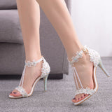 9 Cm Fine High Heel Beaded Sandals Lace Flowers Water Diamond Wedding Shoes Bride To Take Pictures High Heel With Sandals HZ0115