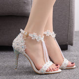 9 Cm Fine High Heel Beaded Sandals Lace Flowers Water Diamond Wedding Shoes Bride To Take Pictures High Heel With Sandals HZ0115