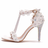 9 Cm Fine High Heel Beaded Sandals Lace Flowers Water Diamond Wedding Shoes Bride To Take Pictures High Heel With Sandals HZ0115