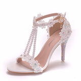 9 Cm Fine High Heel Beaded Sandals Lace Flowers Water Diamond Wedding Shoes Bride To Take Pictures High Heel With Sandals HZ0115