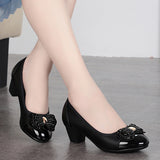 Bow Beaded Mother Shoes Soft Soles Single Shoes Thick Heel Lazy Leather Shoes Round Head Working Shoes Heel Women's Shoes HZ0115