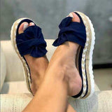 The New Bow One Word Thick Bottom Slope And Hemp Rope Large Size Women Sandals Quality Assurance HZ0115