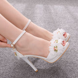 2025 Summer New High Heel Fish Mouth Women's White Flower Sandals One-Word Buckle With Casual Wedding Women's Shoes HZ0115