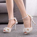 2025 Summer New High Heel Fish Mouth Women's White Flower Sandals One-Word Buckle With Casual Wedding Women's Shoes HZ0115