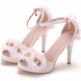 2025 Summer New High Heel Fish Mouth Women's White Flower Sandals One-Word Buckle With Casual Wedding Women's Shoes HZ0115
