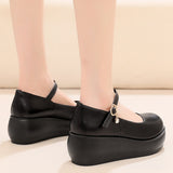 Cowle Skin Round Head Heel Slope And Shallow Mouth Single Shoes Waterproof Table Casual Leather Shoes Buckle With Loose Cake Thick-Soled Shoes Women Autumn HZ0115