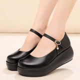Cowle Skin Round Head Heel Slope And Shallow Mouth Single Shoes Waterproof Table Casual Leather Shoes Buckle With Loose Cake Thick-Soled Shoes Women Autumn HZ0115