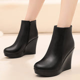 Cowskin High Heemon Women's Boots Middle-Age Women's Shoes 33 Yards Round Head Waterproof Table Thick-Bottomed Single Boots Plus Velvet Slope And Short Boots Girl HZ0115