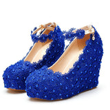 White Lace Wedding Shoes Slope Heel Single Shoes Buckle With Slope Heel Shoes Waterproof Table Large Size Shoes HZ0115