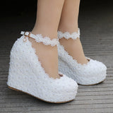 White Lace Wedding Shoes Slope Heel Single Shoes Buckle With Slope Heel Shoes Waterproof Table Large Size Shoes HZ0115