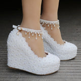 Pearl Lace Wedding Shoes Slope Heel Single Shoe Buckle With Slope Heel Waterproof Table Large Size Shoes Woman HZ0115