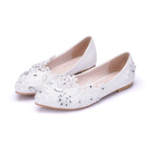 Lace Bridal Shoes Wedding Shoes White Flat Bottom Water Drill Pearl Wedding Shoes Bridesmaids Performance Flat Heel Single Shoes HZ0115