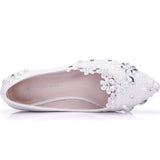Lace Bridal Shoes Wedding Shoes White Flat Bottom Water Drill Pearl Wedding Shoes Bridesmaids Performance Flat Heel Single Shoes HZ0115