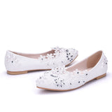 Lace Bridal Shoes Wedding Shoes White Flat Bottom Water Drill Pearl Wedding Shoes Bridesmaids Performance Flat Heel Single Shoes HZ0115