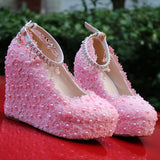 Pearl Lace Wedding Shoes Slope Heel Single Shoe Buckle With Slope Heel Waterproof Table Large Size Shoes Woman HZ0115