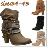24 Autumn And Winter Fashion Women's Boots Shoes Coarse And High-Heeling Hot-Selling Round Head Short Boots Rivet Water Drill HZ0115