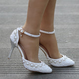 Large-Size High-Heeled Sandals With Beaded Bracelets With Water Drill Sandals White Real Wedding Shoes HZ0115