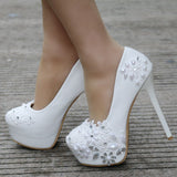 14 Cm White Lace High Heels Wedding Shoes Water Drill Pearl Banquet Shoes Large Size Thin Heel Waterproof Table Single Shoes HZ0115