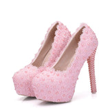 White Lace Heels Wedding Shoes Lace Pearl Shoes Size Fine Heel Waterproof Shoes 14WL HZ0115