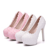 White Lace Heels Wedding Shoes Lace Pearl Shoes Size Fine Heel Waterproof Shoes 14WL HZ0115