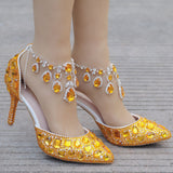 Large-Size Tuxedo Diamond Wedding Shoes 9 Fine Heel Pointed Sandals Luxury Water Drill Wedding Shoes P09BRBRW HZ0115