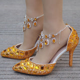 Large-Size Tuxedo Diamond Wedding Shoes 9 Fine Heel Pointed Sandals Luxury Water Drill Wedding Shoes P09BRBRW HZ0115