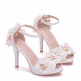 2025 Summer New High Heel Fish Mouth Women's White Flower Sandals One-Word Buckle With Casual Wedding Women's Shoes HZ0115