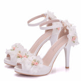 2025 Summer New High Heel Fish Mouth Women's White Flower Sandals One-Word Buckle With Casual Wedding Women's Shoes HZ0115