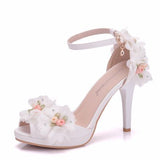 2025 Summer New High Heel Fish Mouth Women's White Flower Sandals One-Word Buckle With Casual Wedding Women's Shoes HZ0115