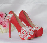 14 Cm White Lace High Heels Wedding Shoes Water Drill Pearl Banquet Shoes Large Size Thin Heel Waterproof Table Single Shoes HZ0115