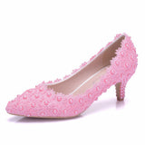 Large-Size 5 Cm Lace Heel High Heel Heel Heel Mid-Heeled Wedding Shoes Pointed Bridesmaid Shoes Annual Photo Shoes HZ0115