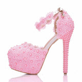 14 Cm White Lace Wedding Shoes Fine Heel Round Head Waterproof Shoes Large Size White Wedding Shoes Sandals HZ0115