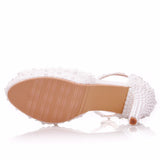 11 Cm Fish Mouth Waterproof Table Sandals Fine Heel Fish Mouth Sandals White Lace Wedding Shoes Large Size Shoes HZ0115