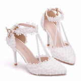 Large-Size White Lace Wedding Shoes One-Word Wristband Bridal Shoes Fine Heel Tip Wedding Shoes Women's Sandals HZ0115