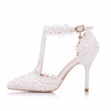 Large-Size White Lace Wedding Shoes One-Word Wristband Bridal Shoes Fine Heel Tip Wedding Shoes Women's Sandals HZ0115