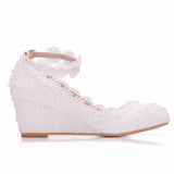 Dwarf Heel White Lace Pearl High Heels Women's Shoes Slopes High Heels High Heels Wedding Shoes Shallow Buckle Round Head Single Gift Shoes HZ0115