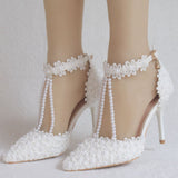 Large-Size White Lace Wedding Shoes One-Word Wristband Bridal Shoes Fine Heel Tip Wedding Shoes Women's Sandals HZ0115