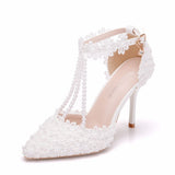 Large-Size White Lace Wedding Shoes One-Word Wristband Bridal Shoes Fine Heel Tip Wedding Shoes Women's Sandals HZ0115