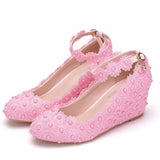 Dwarf Heel White Lace Pearl High Heels Women's Shoes Slopes High Heels High Heels Wedding Shoes Shallow Buckle Round Head Single Gift Shoes HZ0115