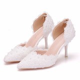 7.5 Cm White Lace Wedding Shoes Fine Heel Pointed Sandals Hollow Two-Siped Sandals Large Size Lace HZ0115