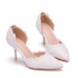 7.5 Cm White Lace Wedding Shoes Fine Heel Pointed Sandals Hollow Two-Siped Sandals Large Size Lace HZ0115