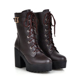 Sales Autumn And Winter Short Boots Pu Korean Version Of The Round Head Waterproof Table High Coarse Tying Buckle Lady Large Size Short Boots HZ0115