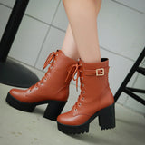 Sales Autumn And Winter Short Boots Pu Korean Version Of The Round Head Waterproof Table High Coarse Tying Buckle Lady Large Size Short Boots HZ0115